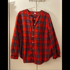 Old Navy Red Plaid Ruffle Front Button Up
